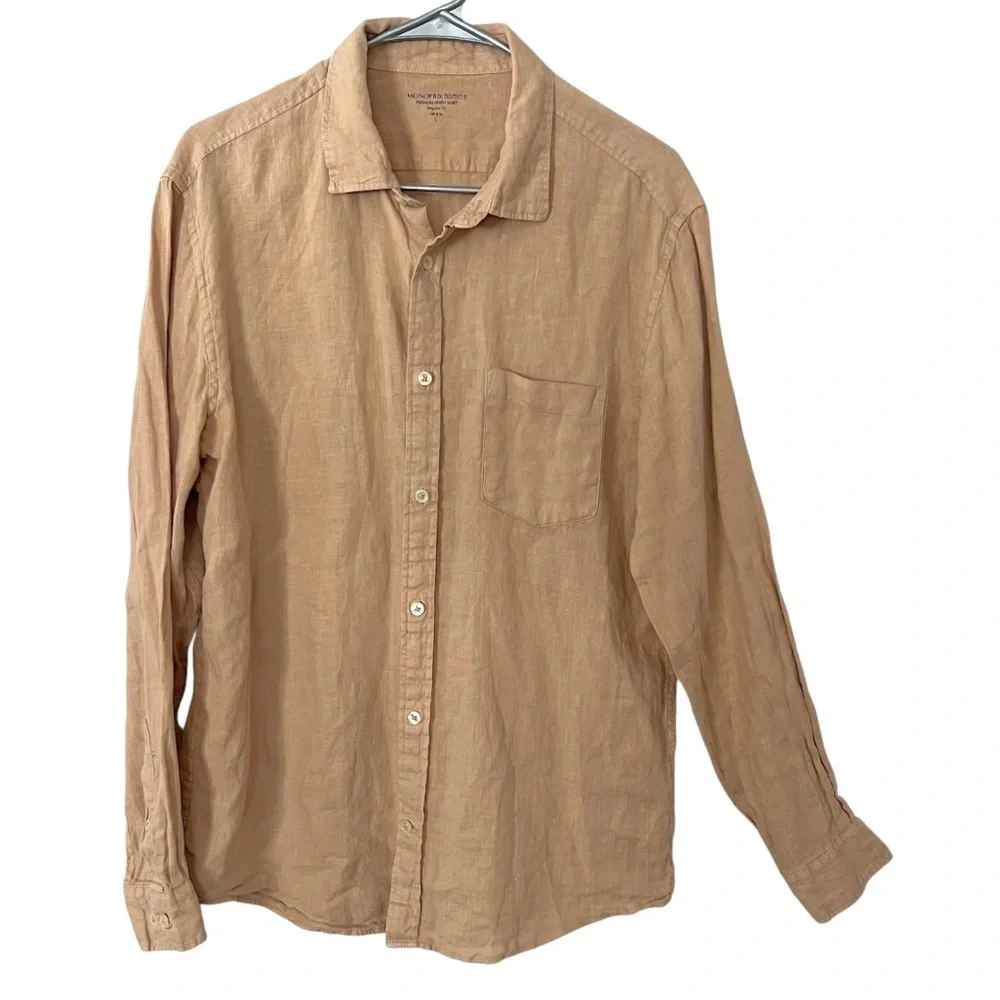 Monoprix Homme Premium Linen Button Down Shirt Large Long Sleeve Neutral Staple